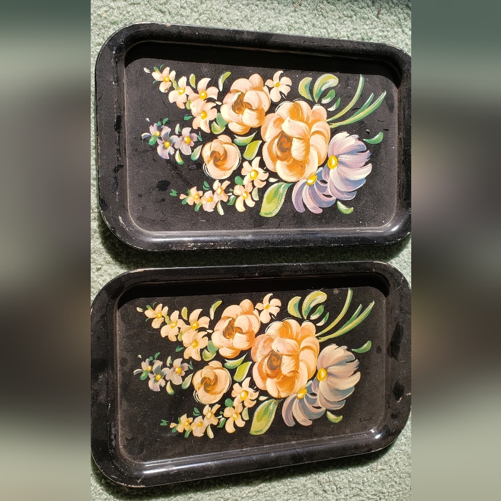 Pair of painted floral trays